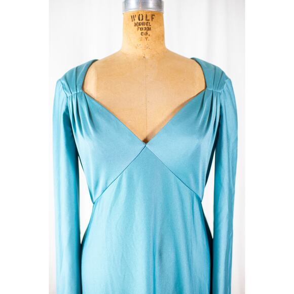 Vintage 70s Aqua Maxi Dress, Eva Gabor by Estevez Formal Evening Gown Retro Med - Picture 2 of 12